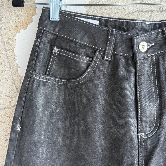 Collusion Jeans Womens 28 Straight Leg Skater Denim Coated Black Contrast Stitch - Picture 3 of 6